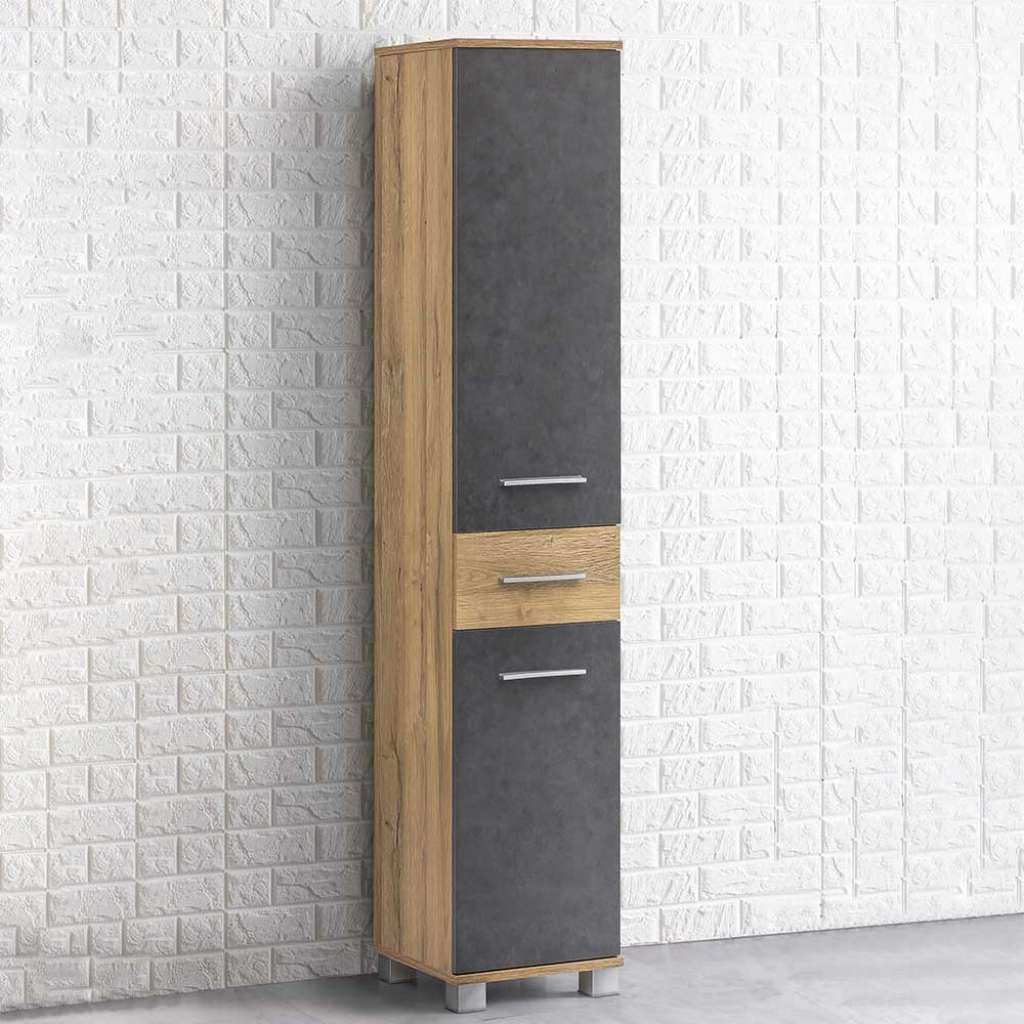 Badezimmer Seitenschrank in Dunkelgrau und Eiche Optik 30 cm breit