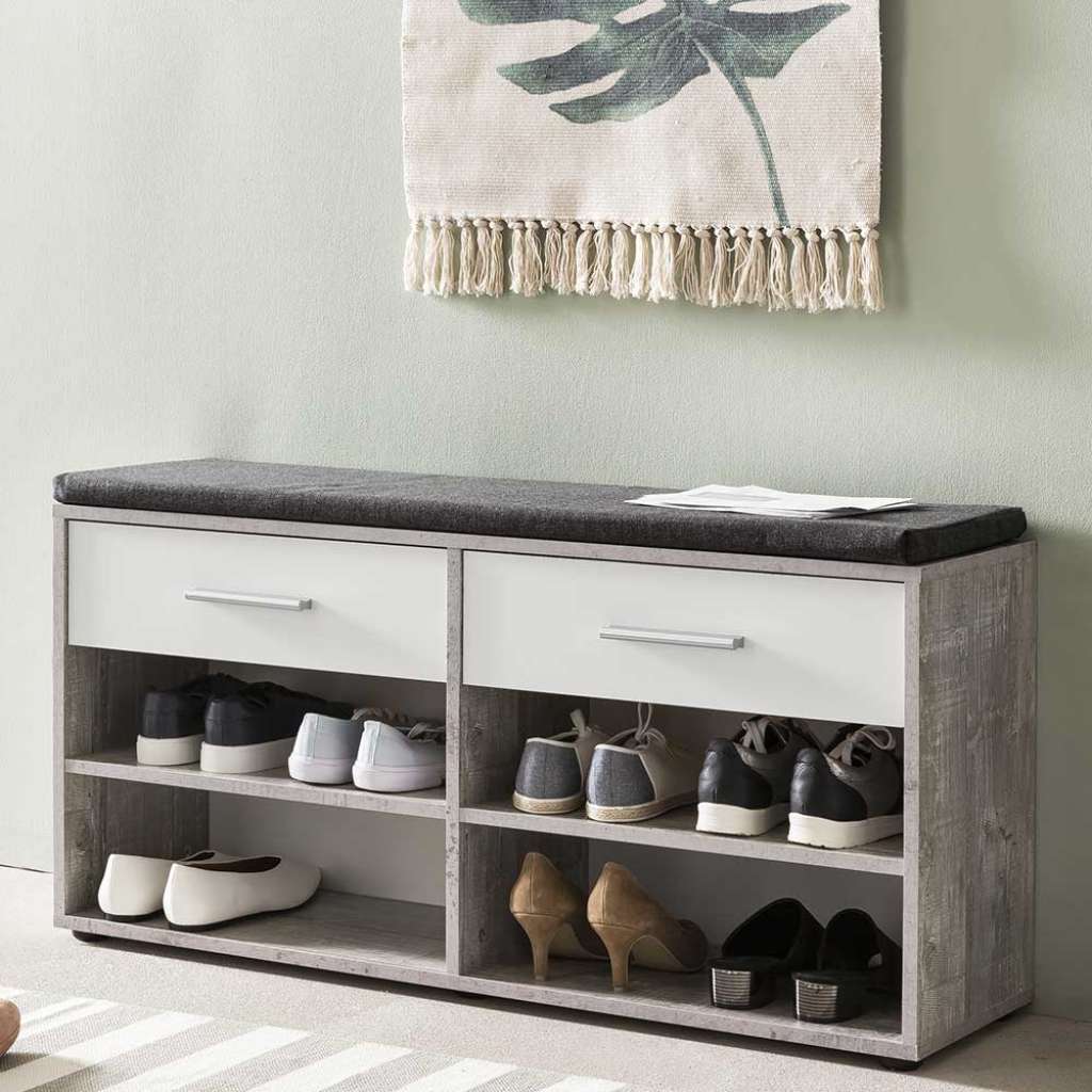 Garderobenbank in Beton Grau und Weiß Schuhablage
