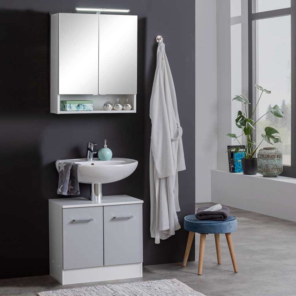 Waschtisch und Spiegelschrank in Hellgrau und Weiß Made in Germany (2-teilig)