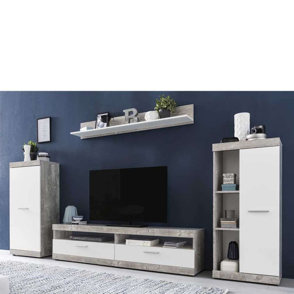 TV Schrankwand in Beton Grau und Weiß 260 cm breit (4-teilig)