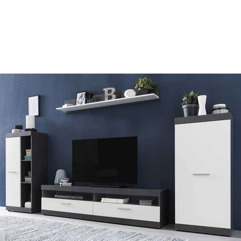 Schrankwand in Weiß und Dunkelgrau 260 cm breit (4-teilig)