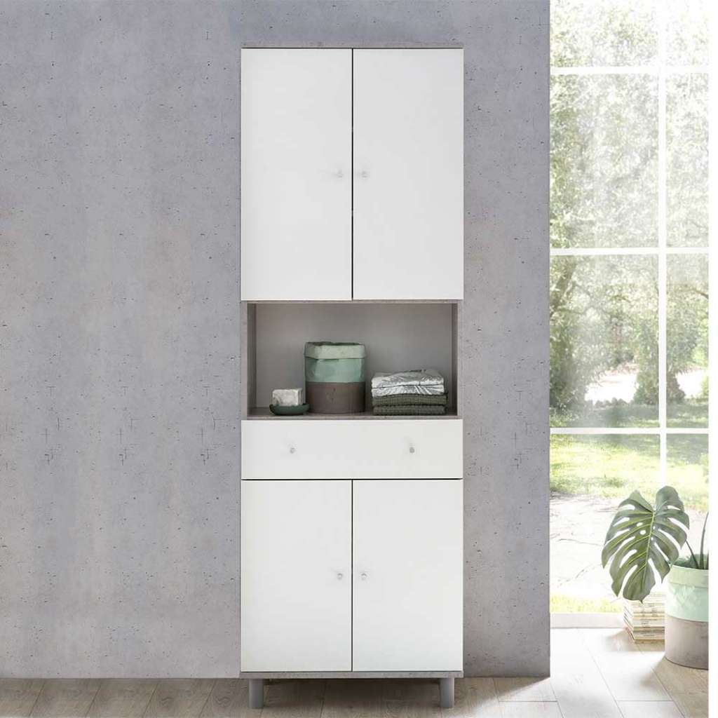 Badezimmerschrank in Beton Grau und Weiß 60 cm breit