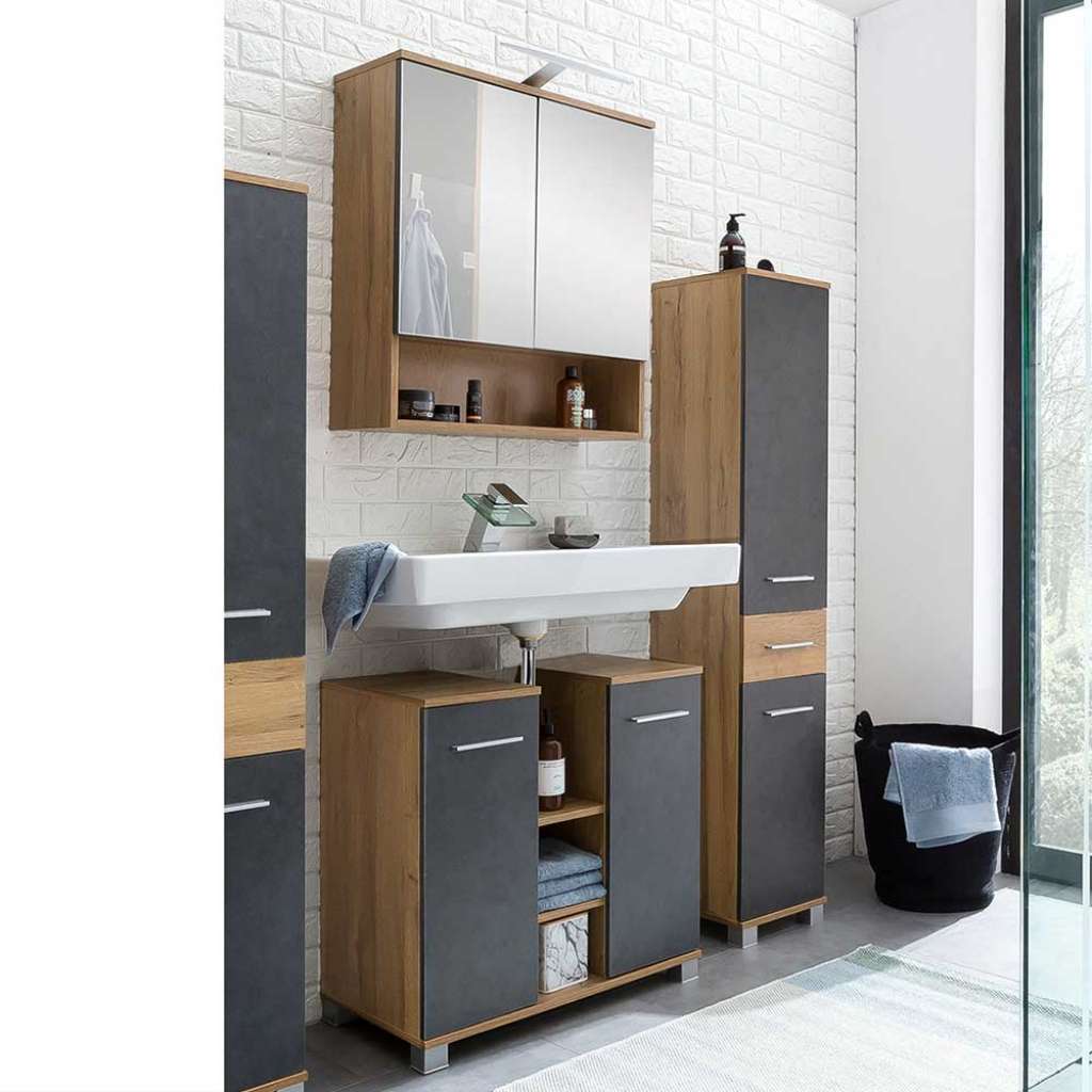 Badezimmer Möbel Set in Dunkelgrau und Eiche Optik 100 cm breit (3-teilig)