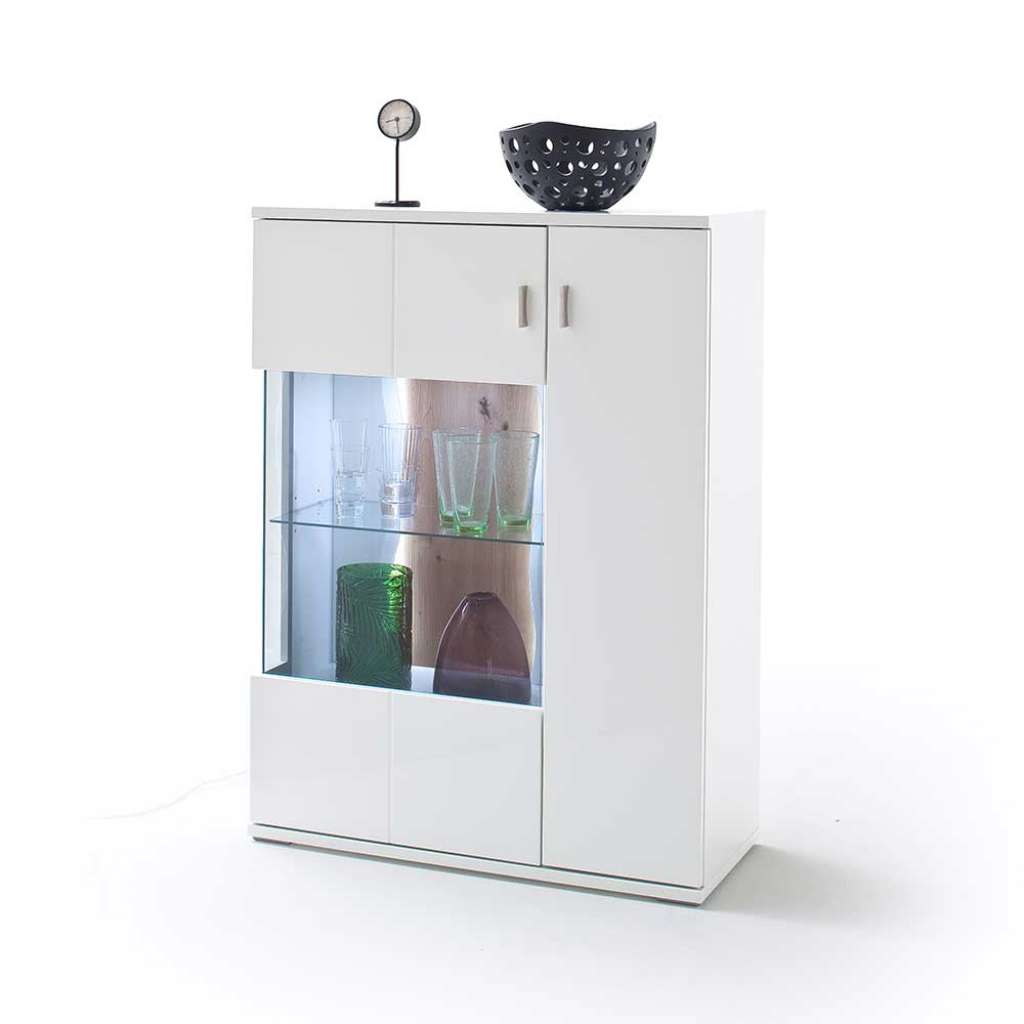 Wohnzimmer Highboard in Weiß und Wildeiche Optik Glastür