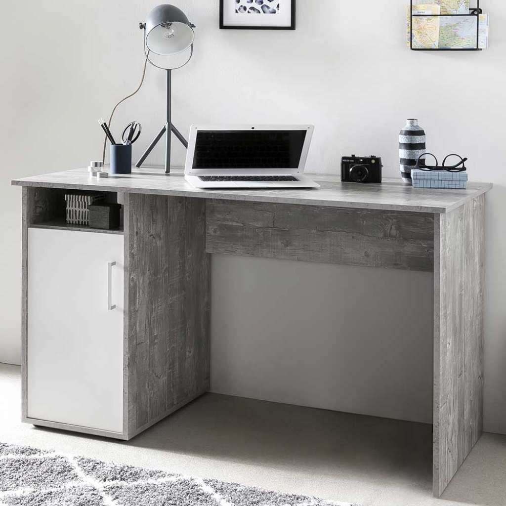 Büro Schreibtisch in Beton Grau und Weiß Tür und offenem Fach