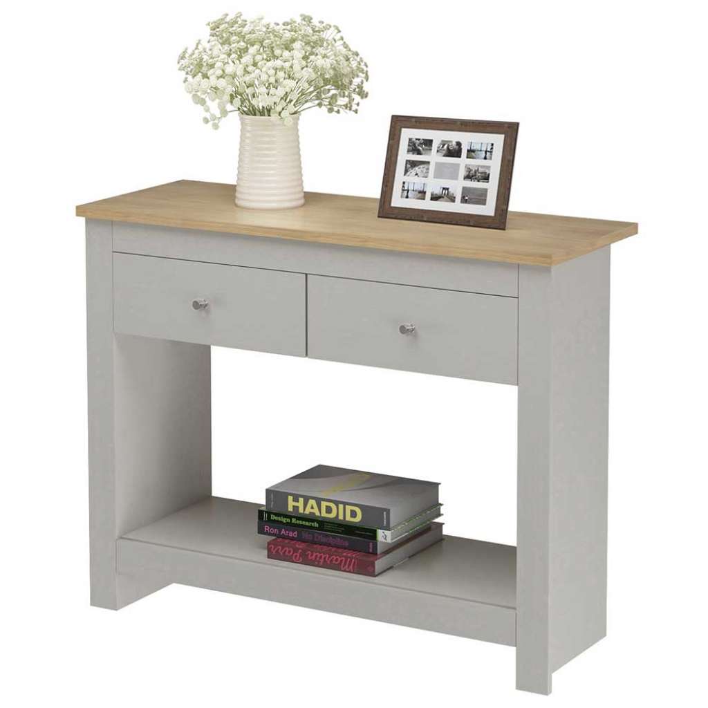 Landhaus Konsole in Grau und Eiche Optik zwei Schubladen