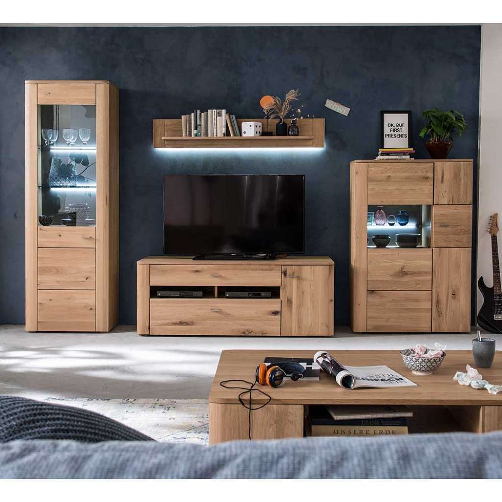 TV Wohnwand in Eiche Bianco massiv 325 cm breit (4-teilig)