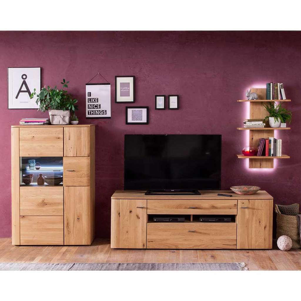 Wohnzimmerschrankwand in Eiche Bianco massiv 325 cm breit (3-teilig)