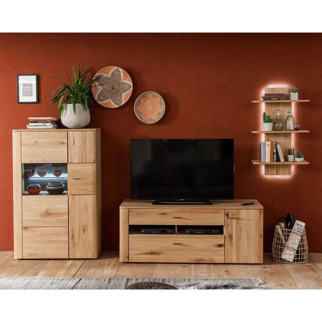 Wohnzimmer Anbauwand in Eiche Bianco massiv 310 cm breit (3-teilig)