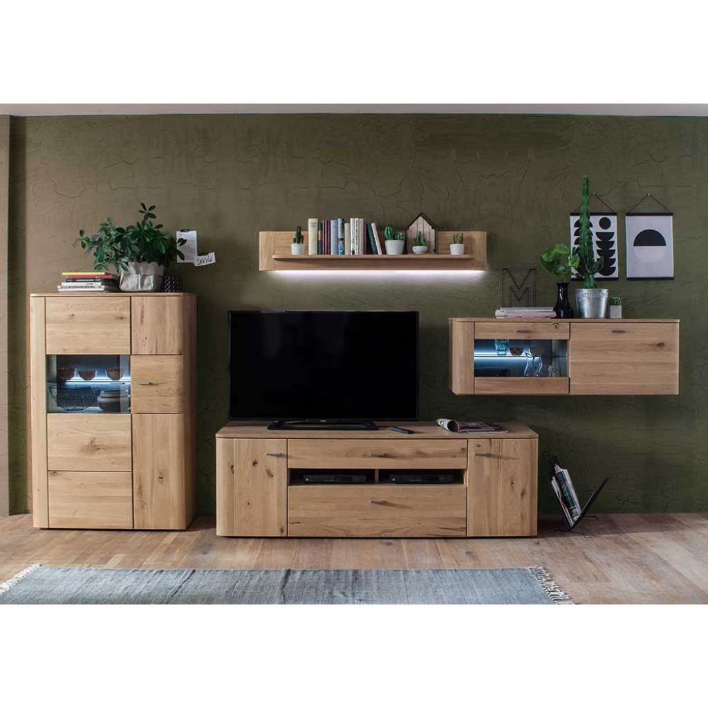 Massivholz Wohnwand in Eiche Bianco geölt 380 cm breit (4-teilig)