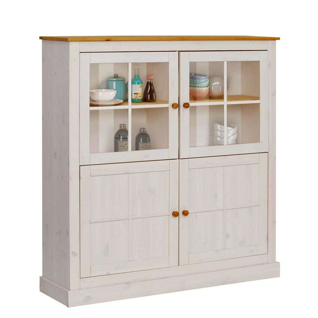 Landhaus Highboard in Weiß und Honigfarben Kiefer Massivholz