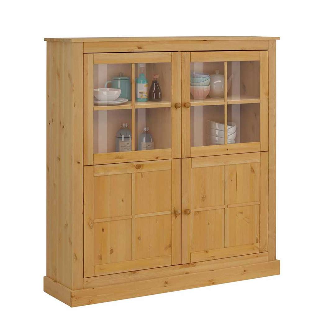 Landhaus Highboard Vitrine in Honigfarben Kiefer massiv Glastüren