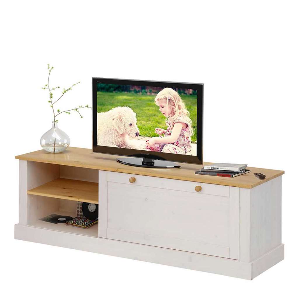 Landhaus TV Board in Weiß und Honigfarben Kiefer Massivholz
