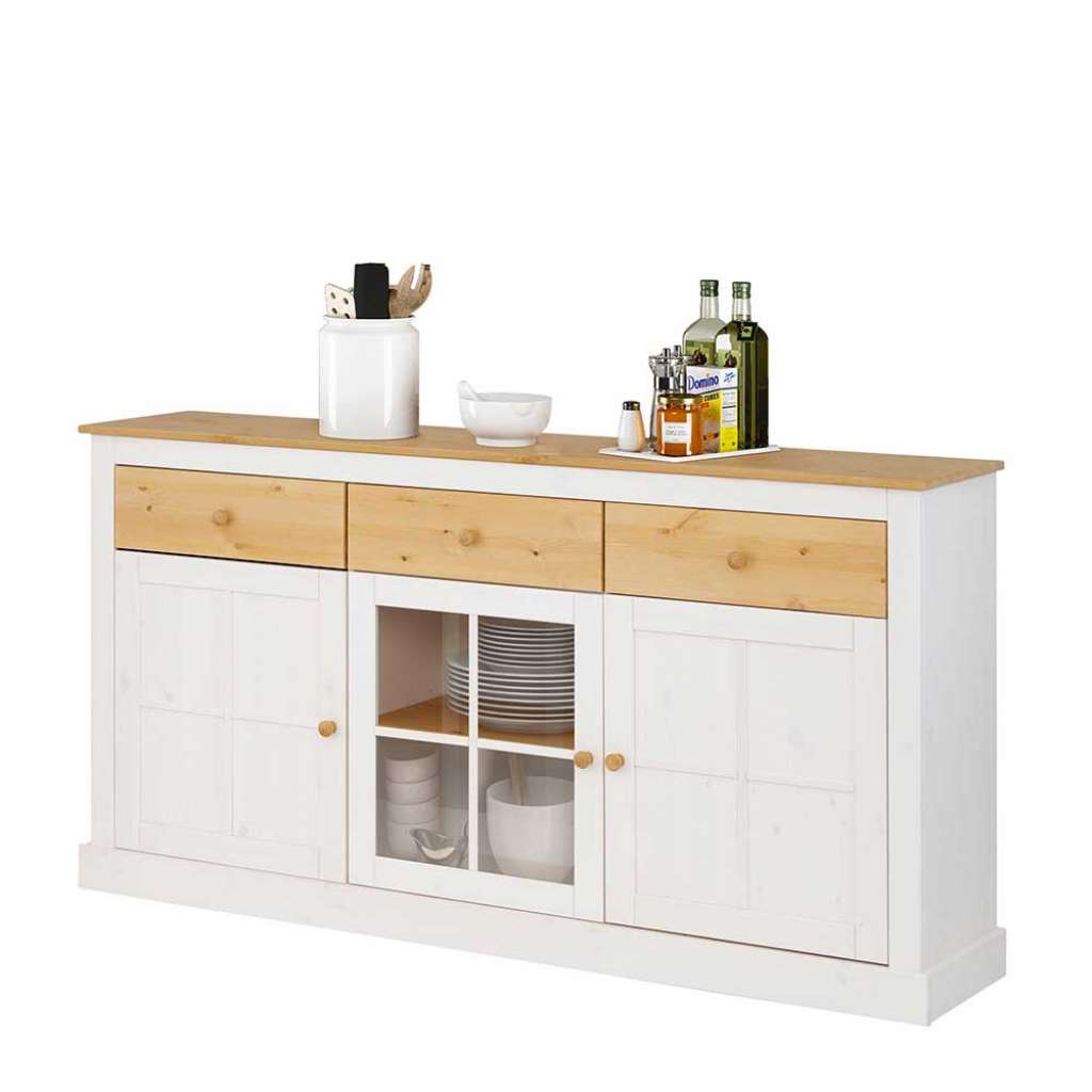 Landhaus Sideboard in Weiß Kiefer massiv Glastür