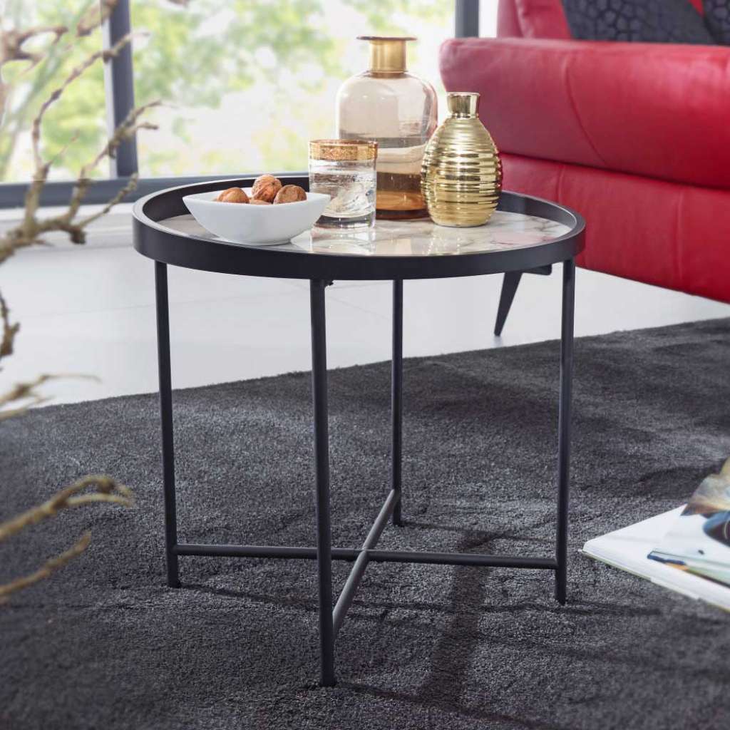 Sofa Beistelltisch in Schwarz runder Tischplatte in Marmor Optik