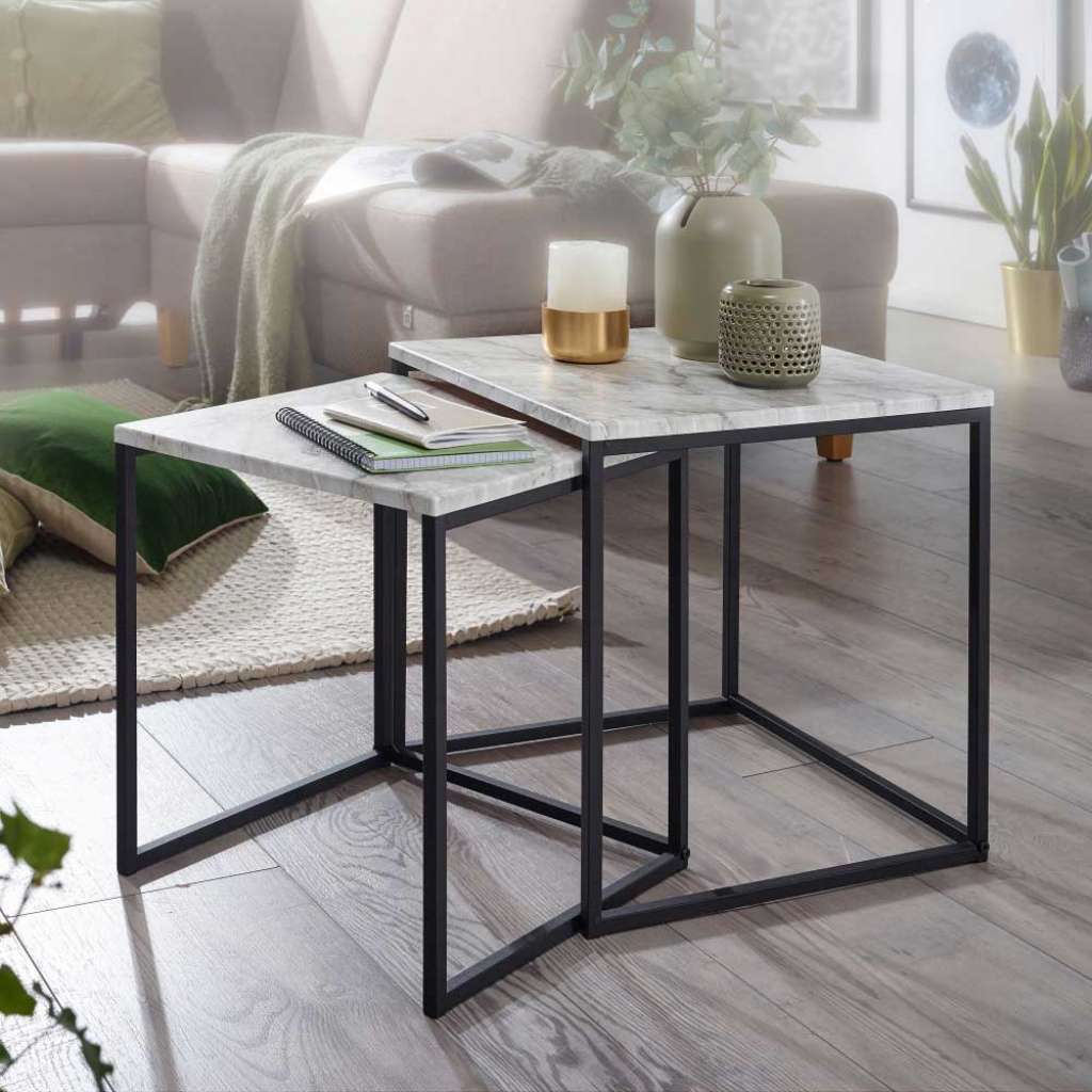 Sofatisch Set in Schwarz und Weiß Marmor Optik Bügelgestell (2-teilig)
