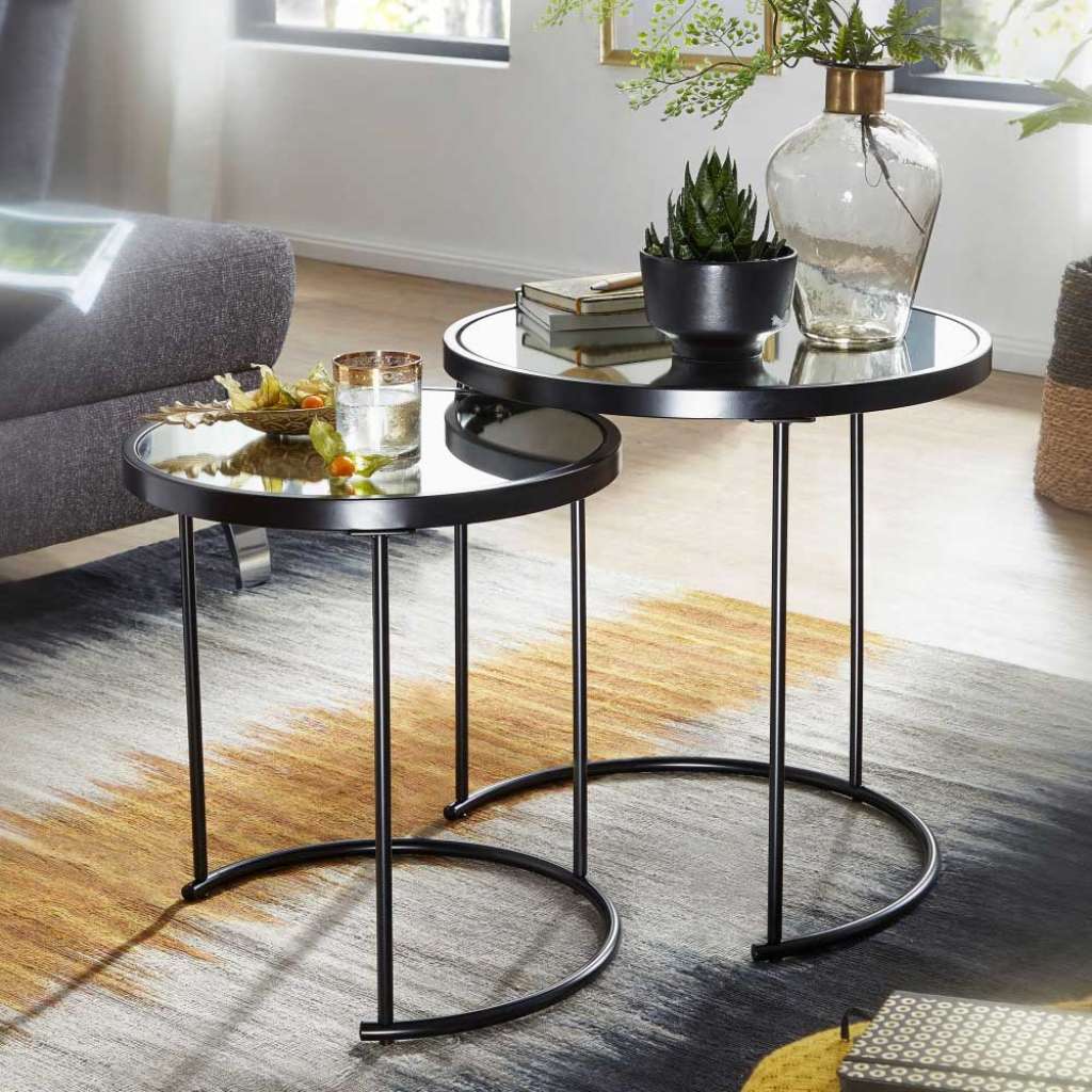 Beistelltisch Set in Schwarz runden Spiegelglas Platten (2-teilig)
