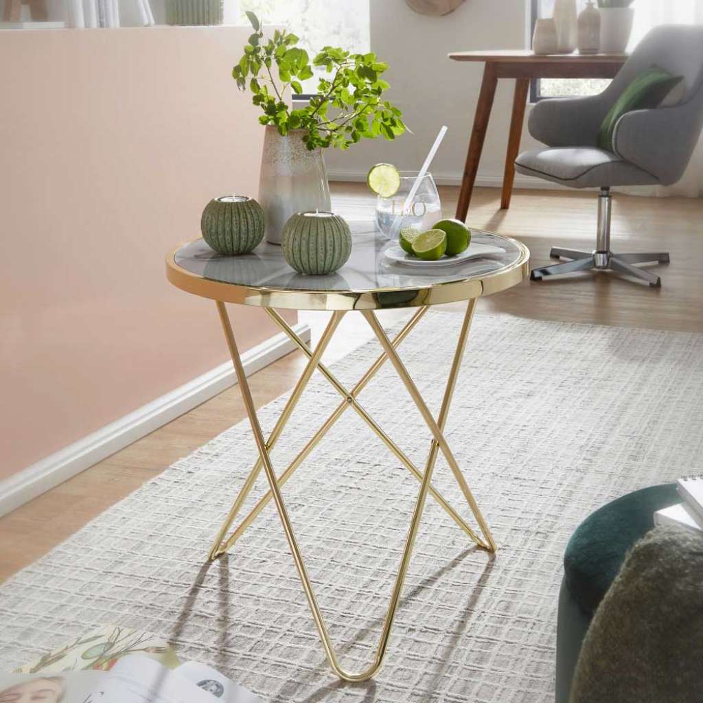 Couch Beistelltisch in Goldfarben und Marmor Optik rund