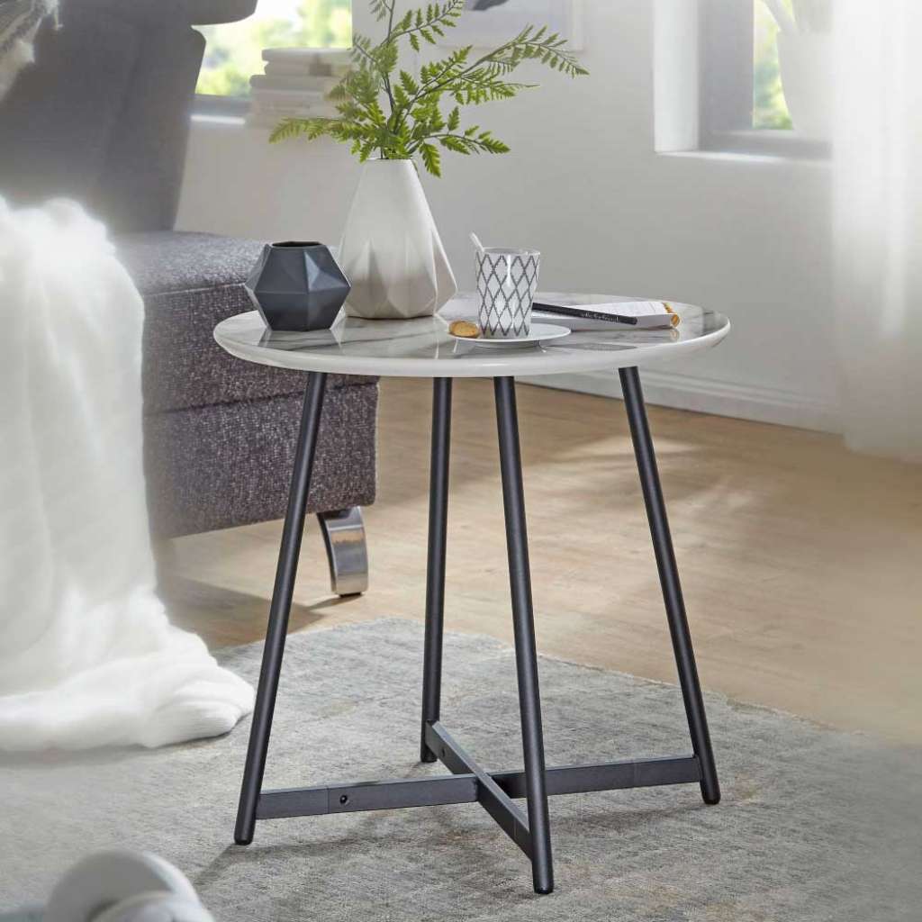 Runder Sofatisch in Weiß Marmor Optik 50 cm breit