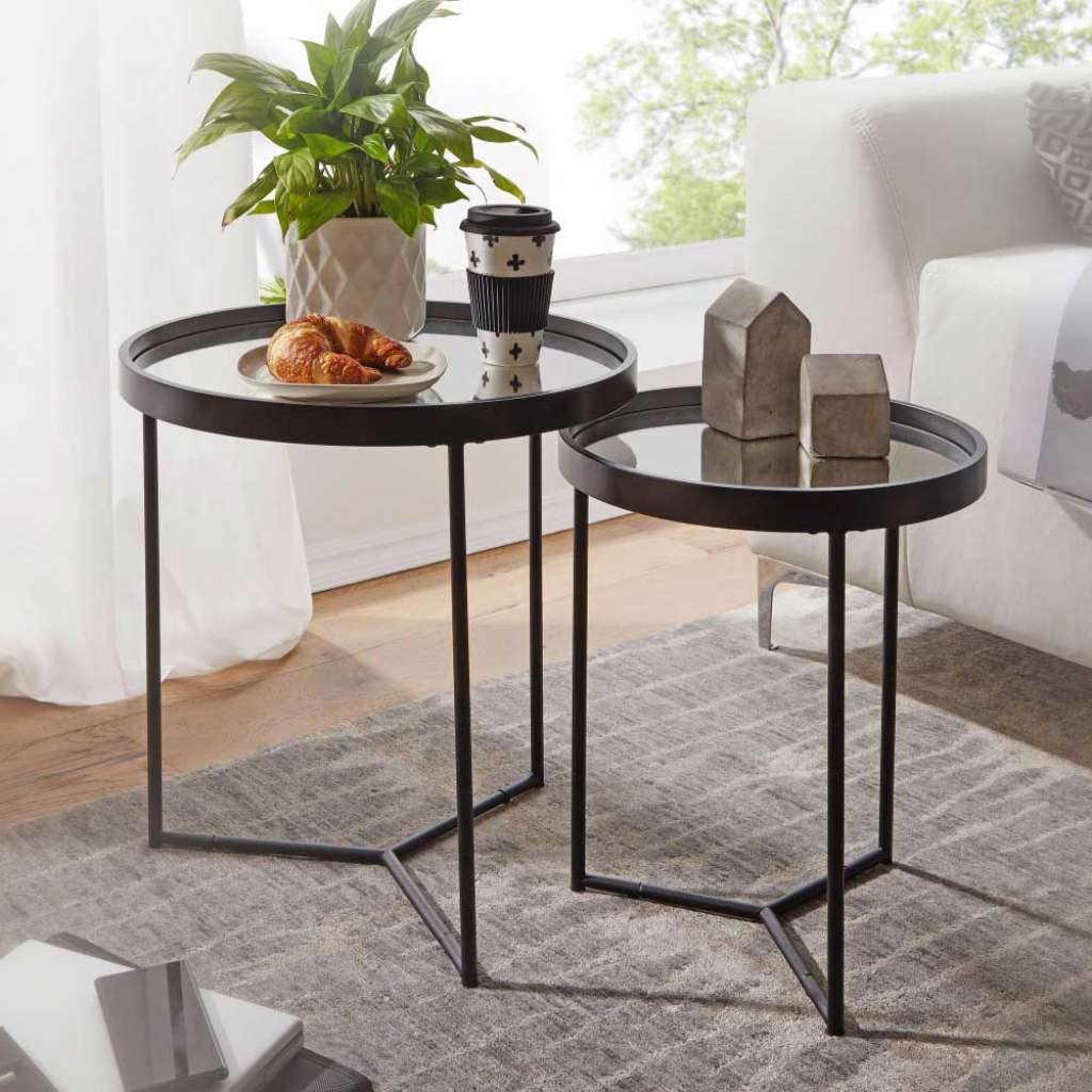 Beistelltisch Set in Schwarz Metall runden Spiegelglas Platten (2-teilig)