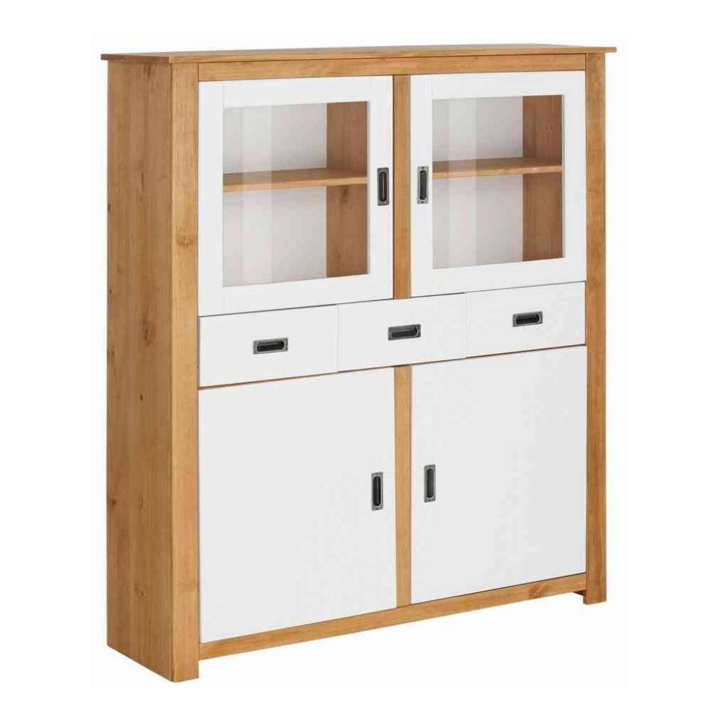Landhaus Highboard in Weiß Kiefer massiv Glastüren