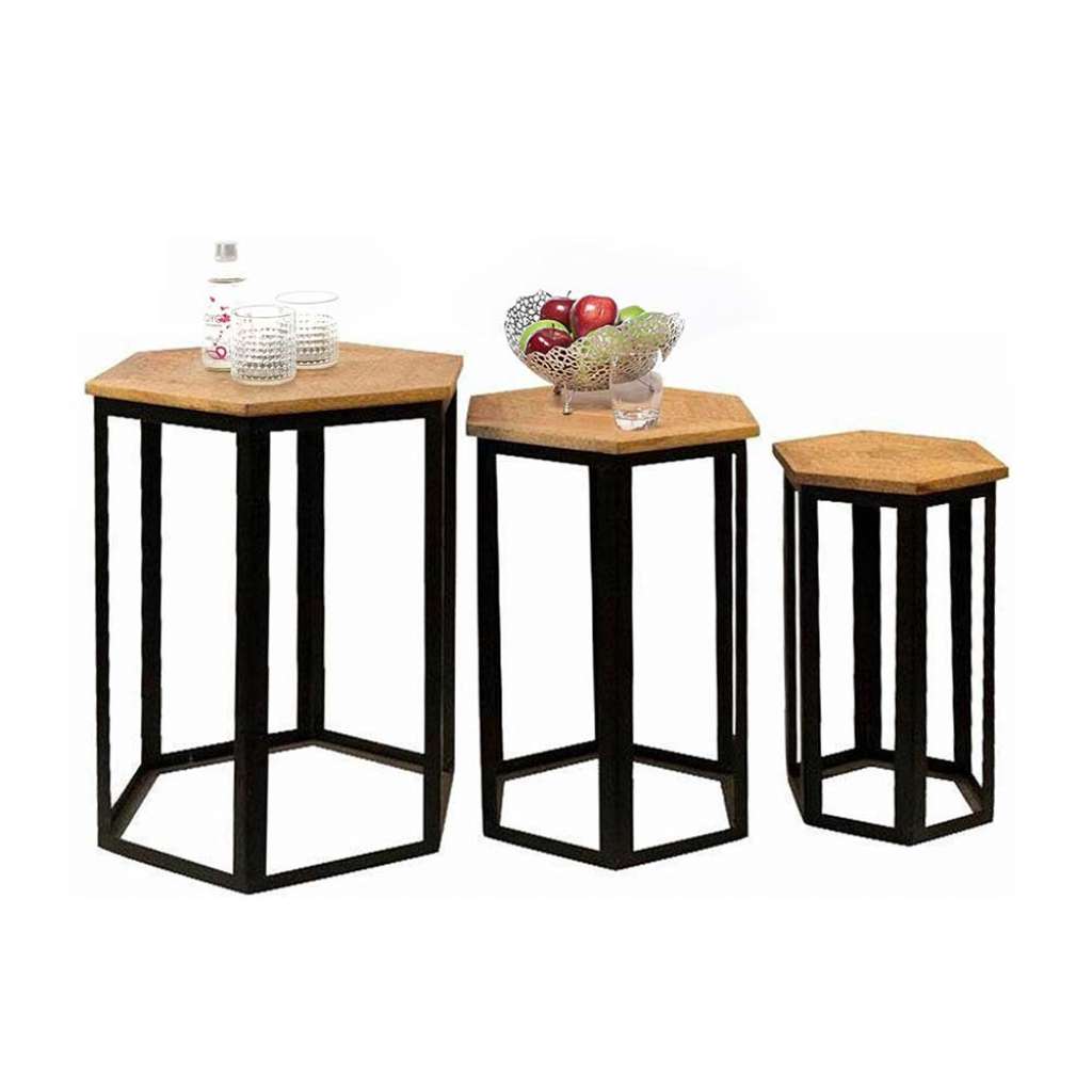 Beitisch Set aus Mangobaum Massivholz und Metall sechseckig (3-teilig)