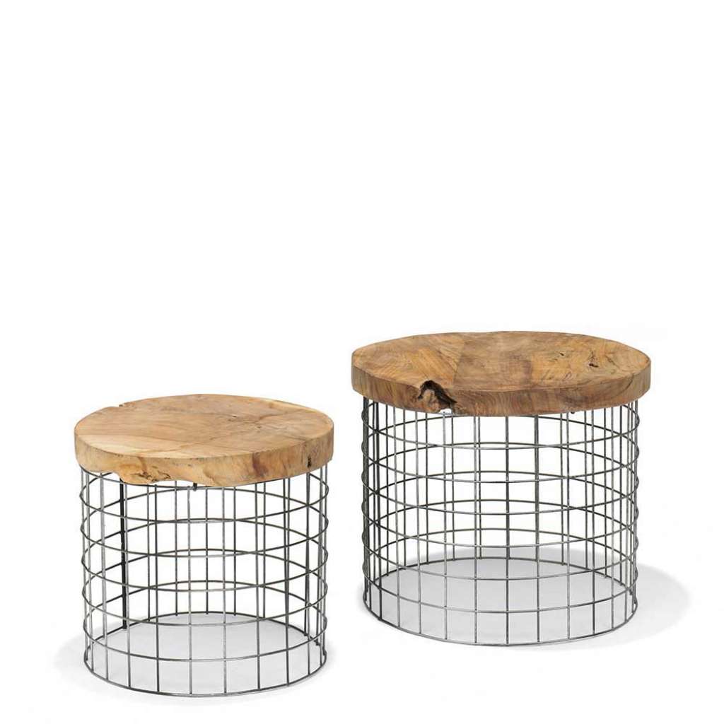 Rundes Beistelltisch Set aus Teak Recyclingholz Draht-Gestell (2-teilig)