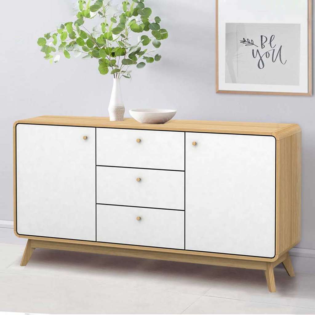Große Kommode in Weiß und Holz Naturfarben 140 cm breit