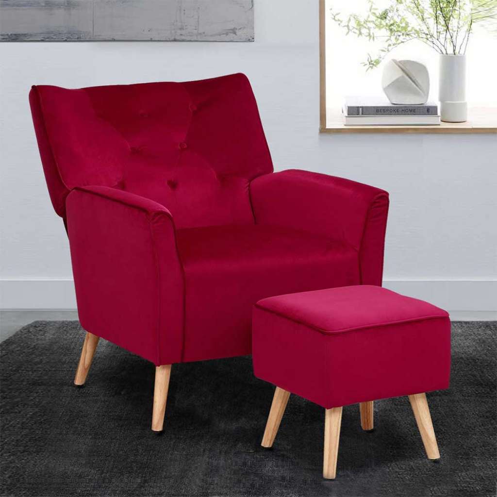 Retrosessel in Rot Samt Hocker (2-teilig)