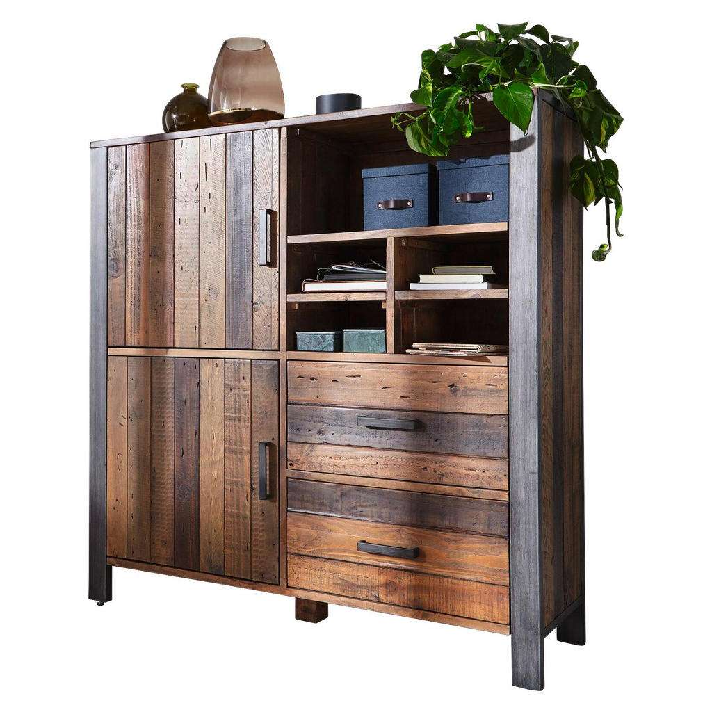 HIGHBOARD Kiefer, Recyclingholz massiv lackiert Braun, Kieferfarben, Dunkelgrau
