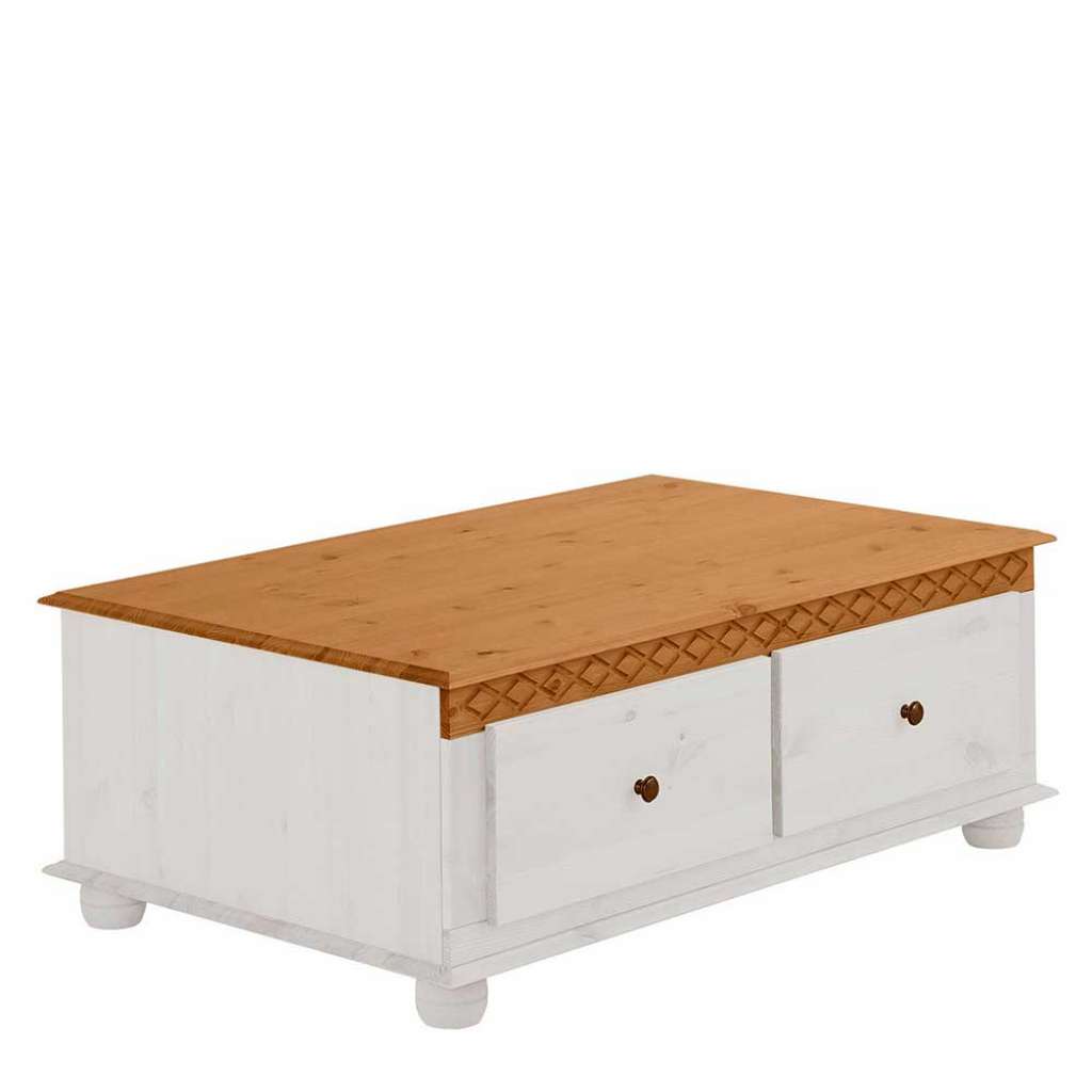 Massivholz Sofatisch in Weiß und Honigfarben Landhaus Design