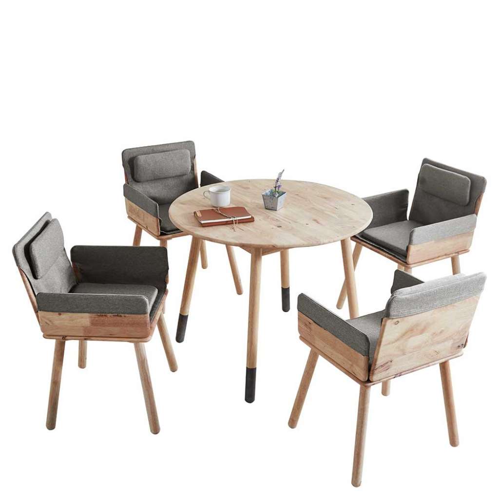 Sitzgruppe aus Massivholz und grauem Webstoff rundem Tisch und Armlehnern (5-teilig)