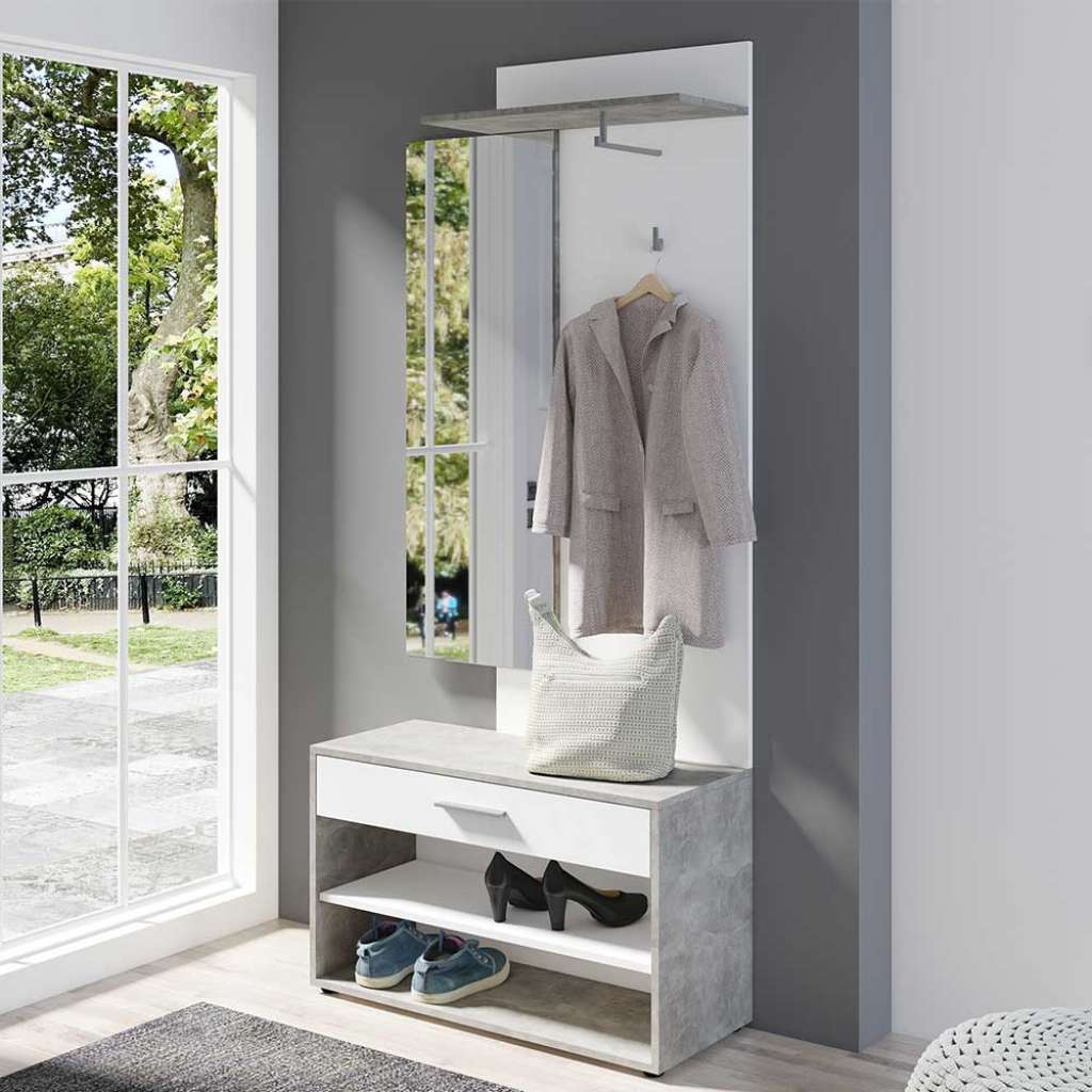 Kompakte Garderobe in Weiß und Beton Grau 85 cm breit