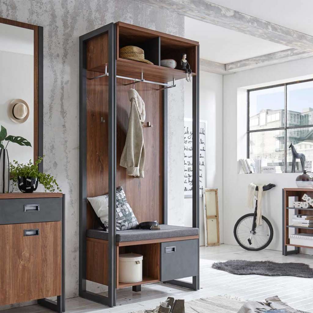 Garderobe mit Sitzbank Eiche dunkel Schiefer Grau
