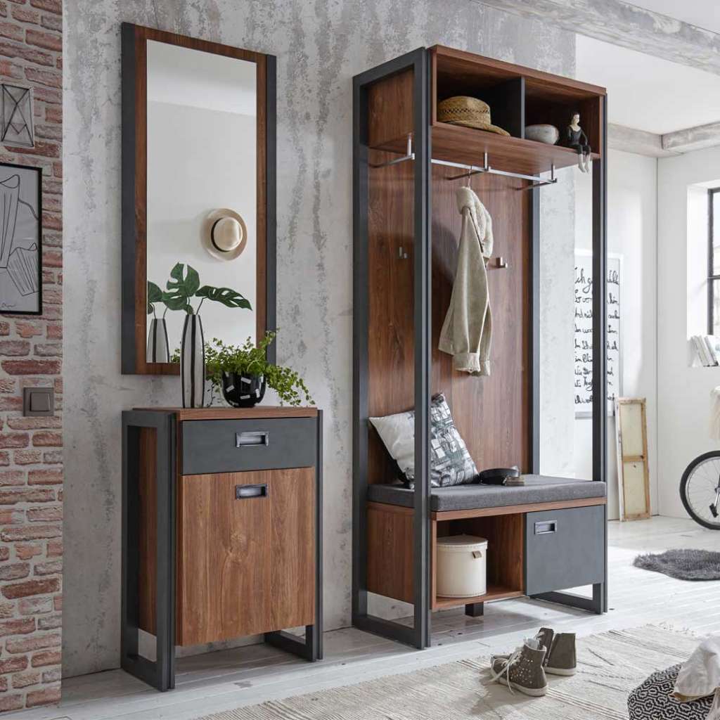 Garderobenmöbel im Loft Design Eiche dunkel Schiefer Grau (3-teilig)