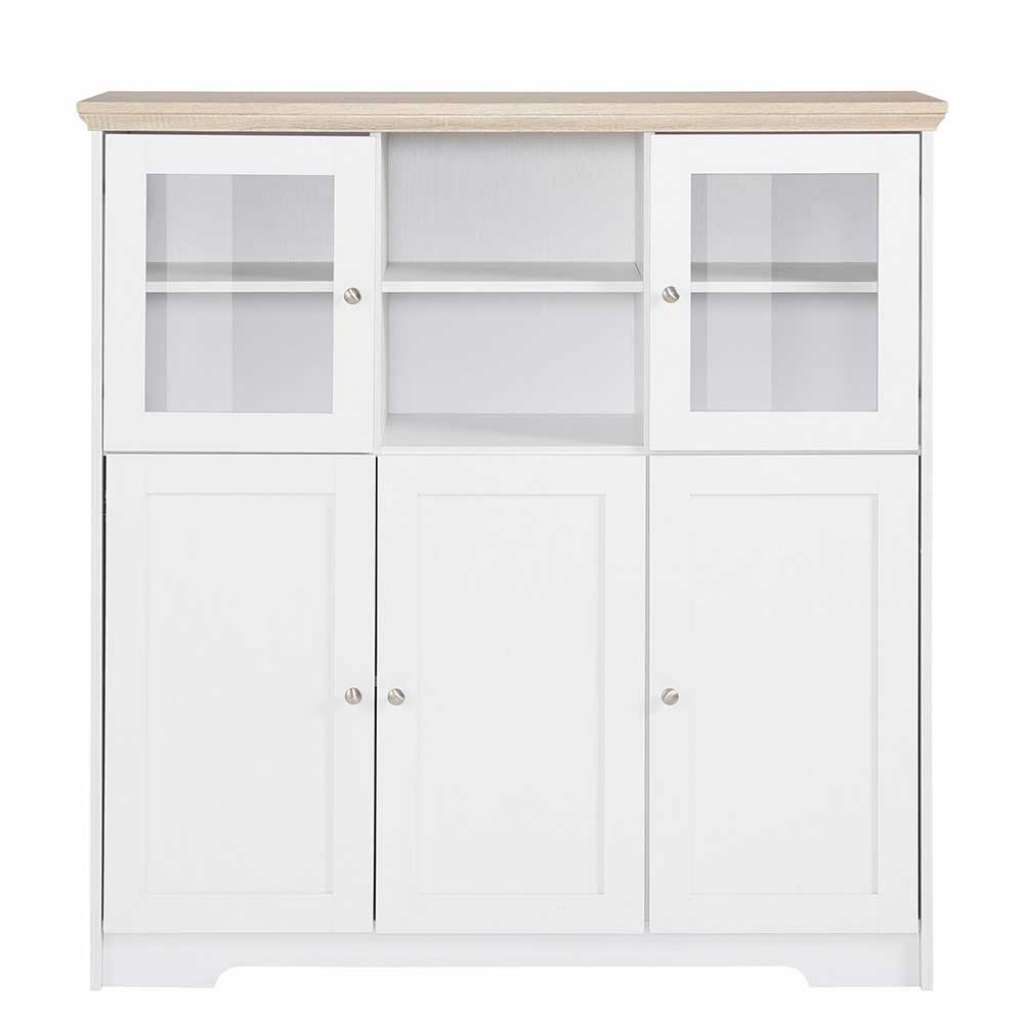 Landhaus Highboard Vitrine in Weiß und Eiche Optik 125 cm breit