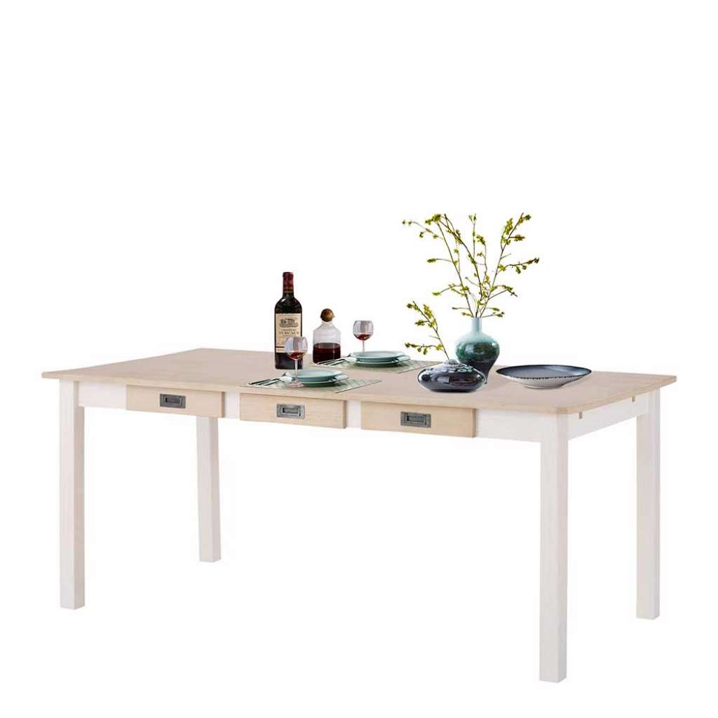 Skandi Design Esstisch in Weiß Kiefer massiv drei Schubladen