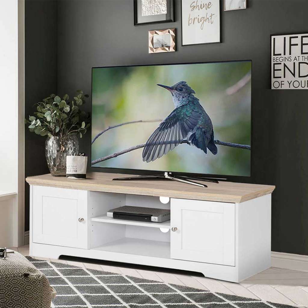 Fernsehmöbel in Weiß und Eichefarben Landhausstil