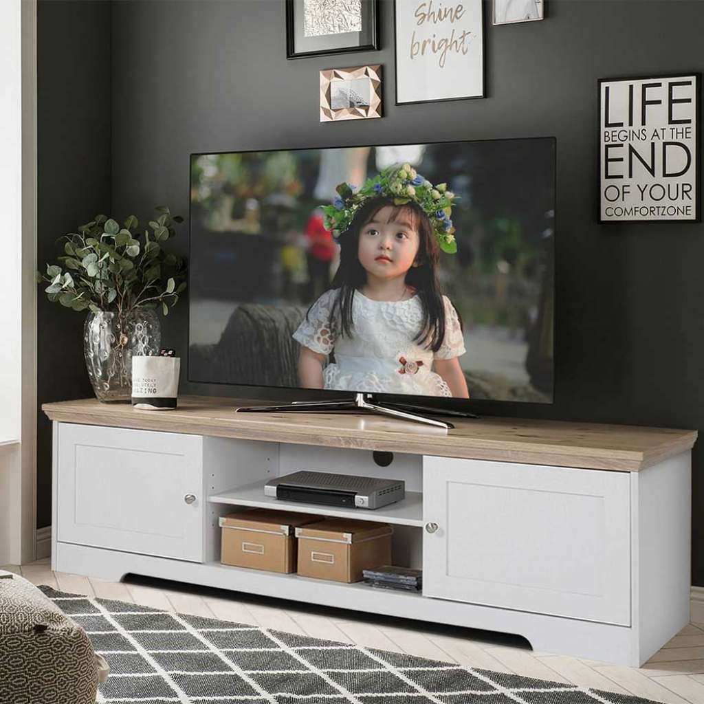 TV Bank in Weiß und Eichefarben 160 cm breit