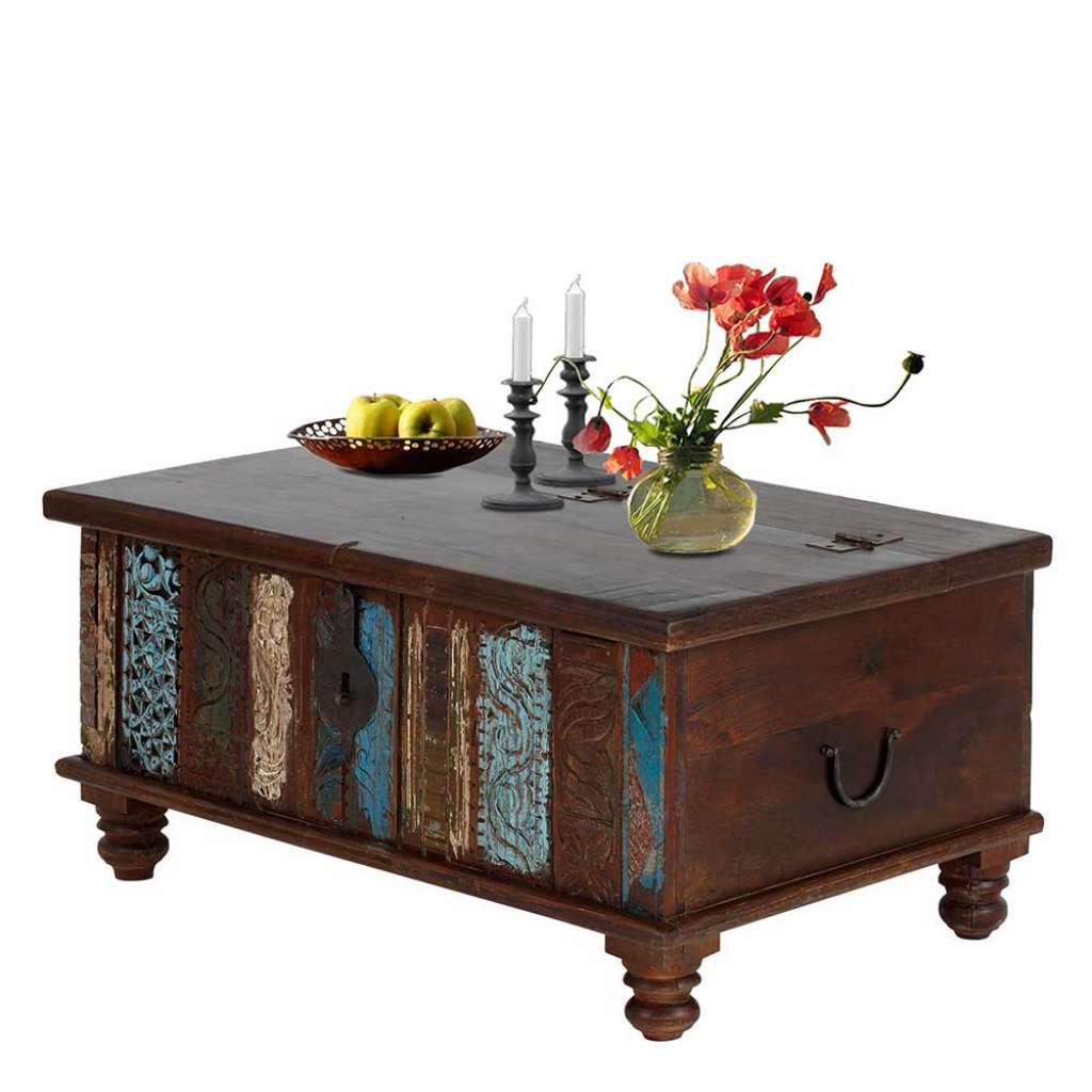 Shabby Chic Couchtischtruhe in Braun und Bunt massiv geschnitzt und gedrechselt