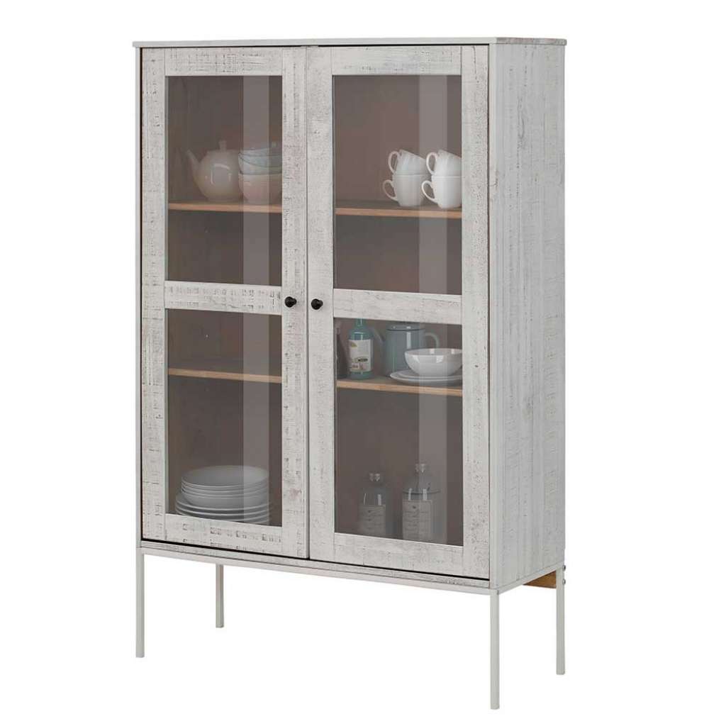 Vitrine in Creme Weiß Kiefer massiv 140 cm hoch