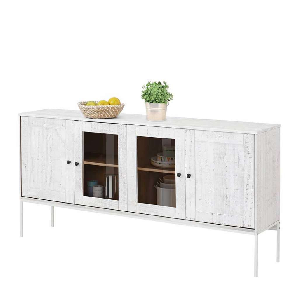 Küchensideboard in Creme Weiß Kiefer massiv Glastüren