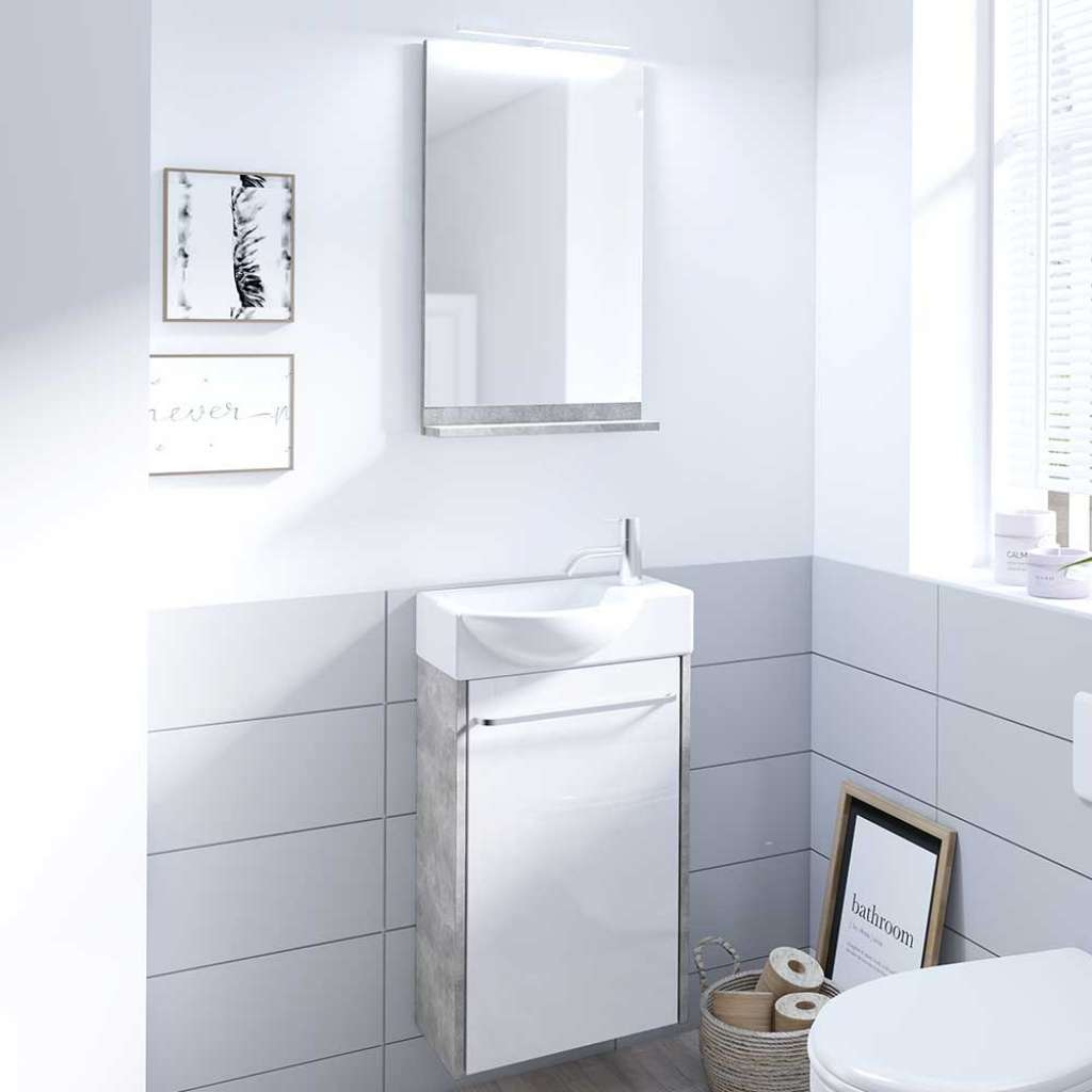 Gäste WC Set in Beton Grau und Weiß Hochglanz 40 cm breit (2-teilig)