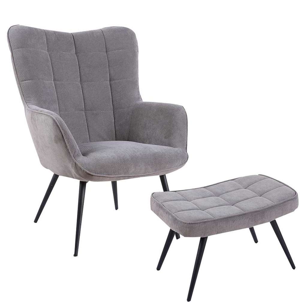 Skandi Design Sessel in Grau Cordstoff Fußhocker (2-teilig)