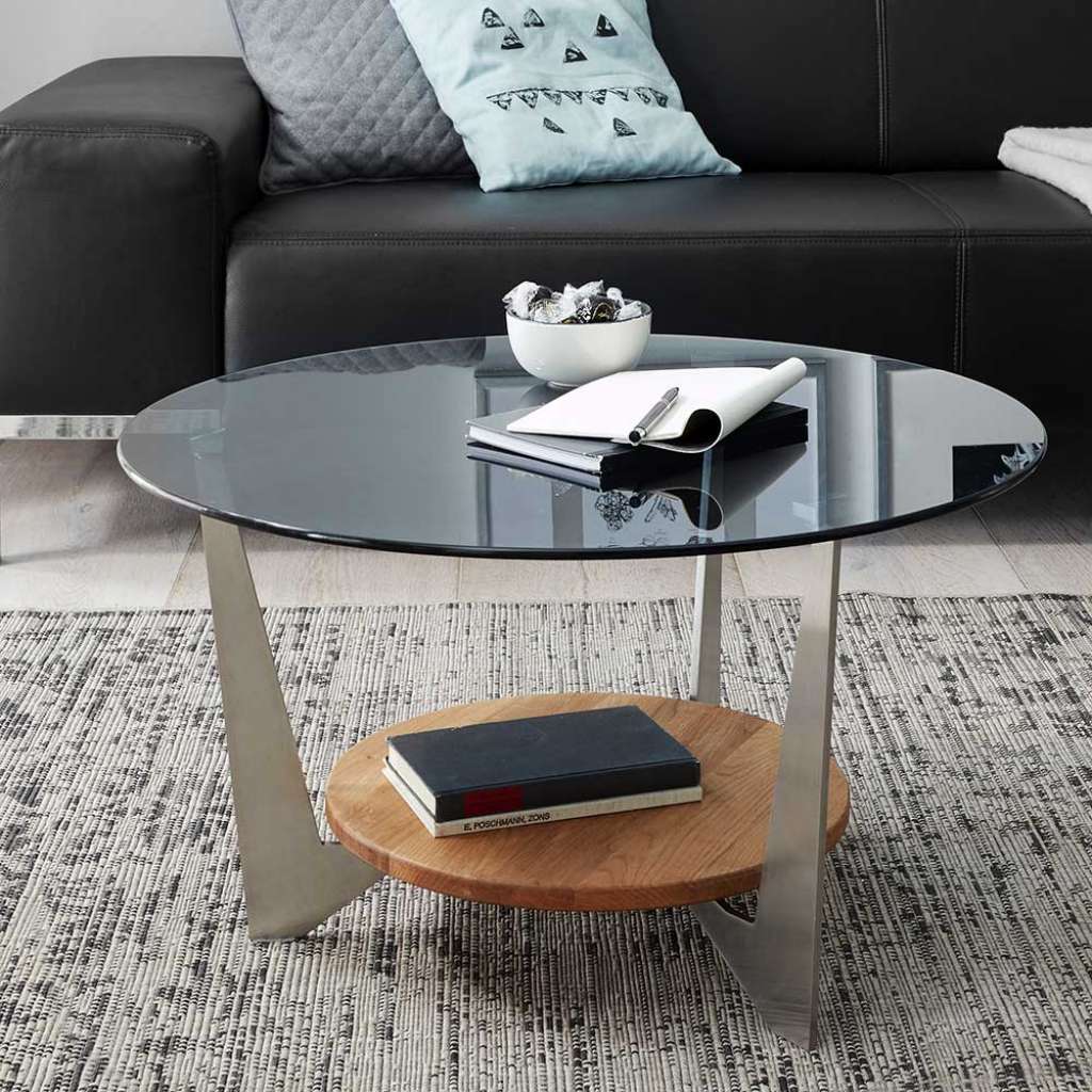 Runder Couchtisch mit Rauchglasplatte 70 cm breit