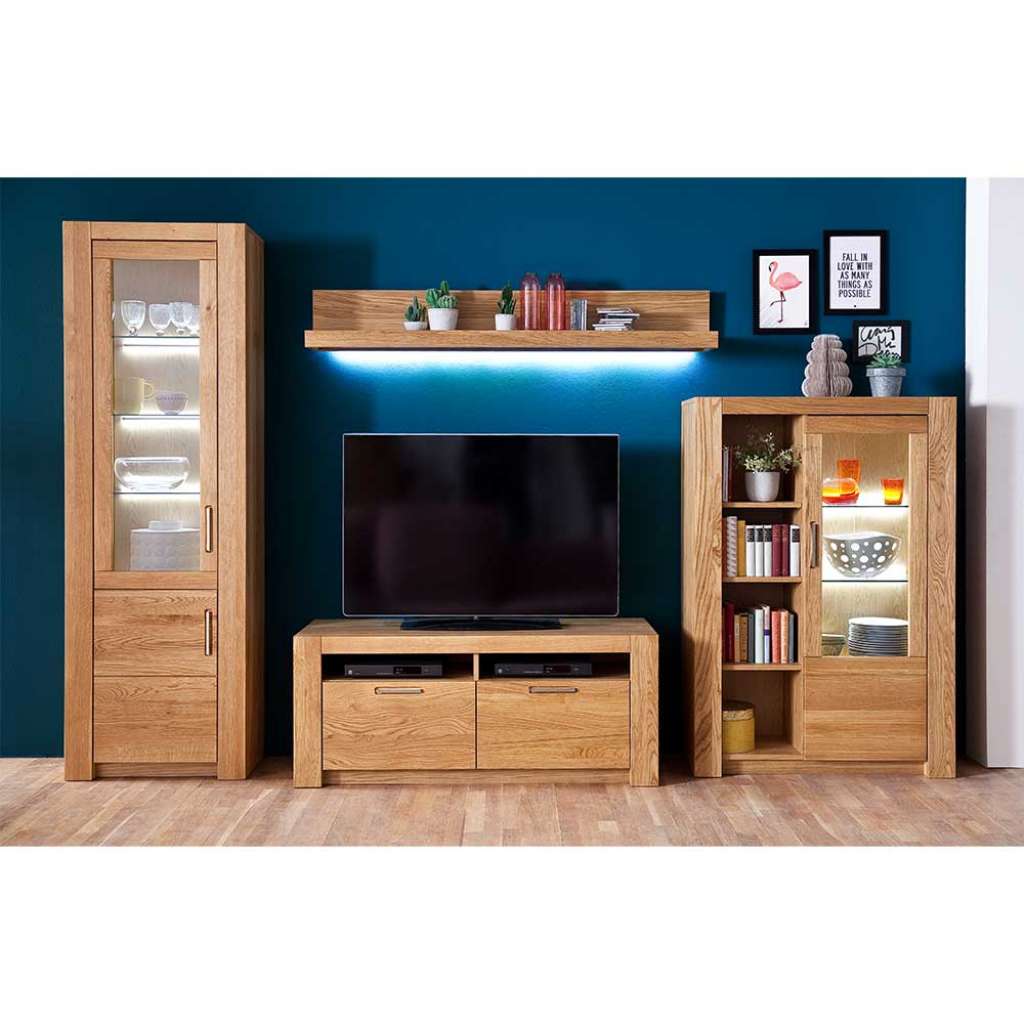 Wohnzimmer Anbauwand aus Wildeiche teilmassiv 205 cm hoch (4-teilig)