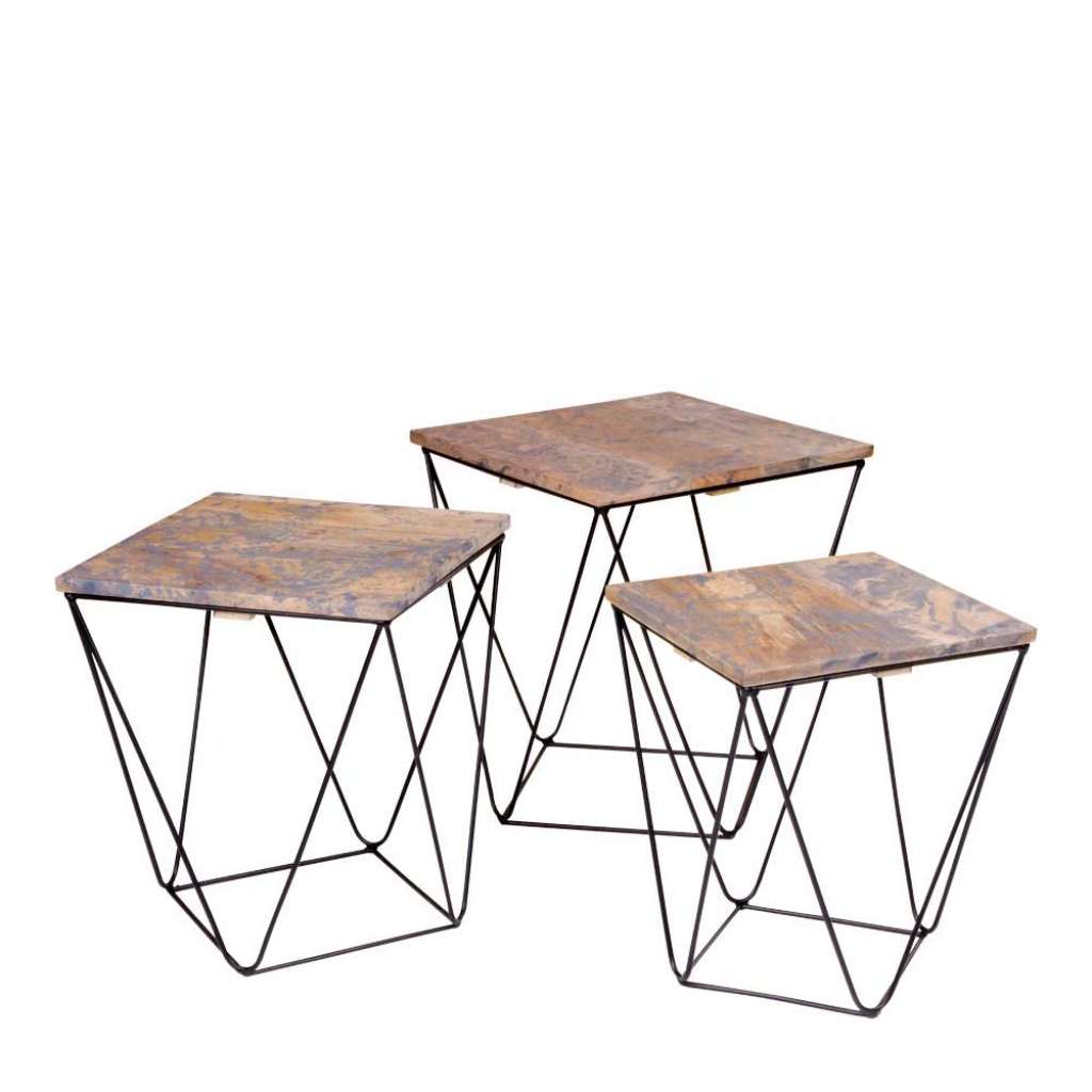 Beistelltischchen aus Mangobaum Massivholz und Stahl Loft Design (3-teilig)