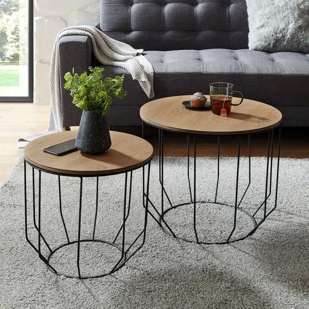 Sofa Beistelltisch Set in Eichefarben furniert und Schwarz rund (2-teilig)