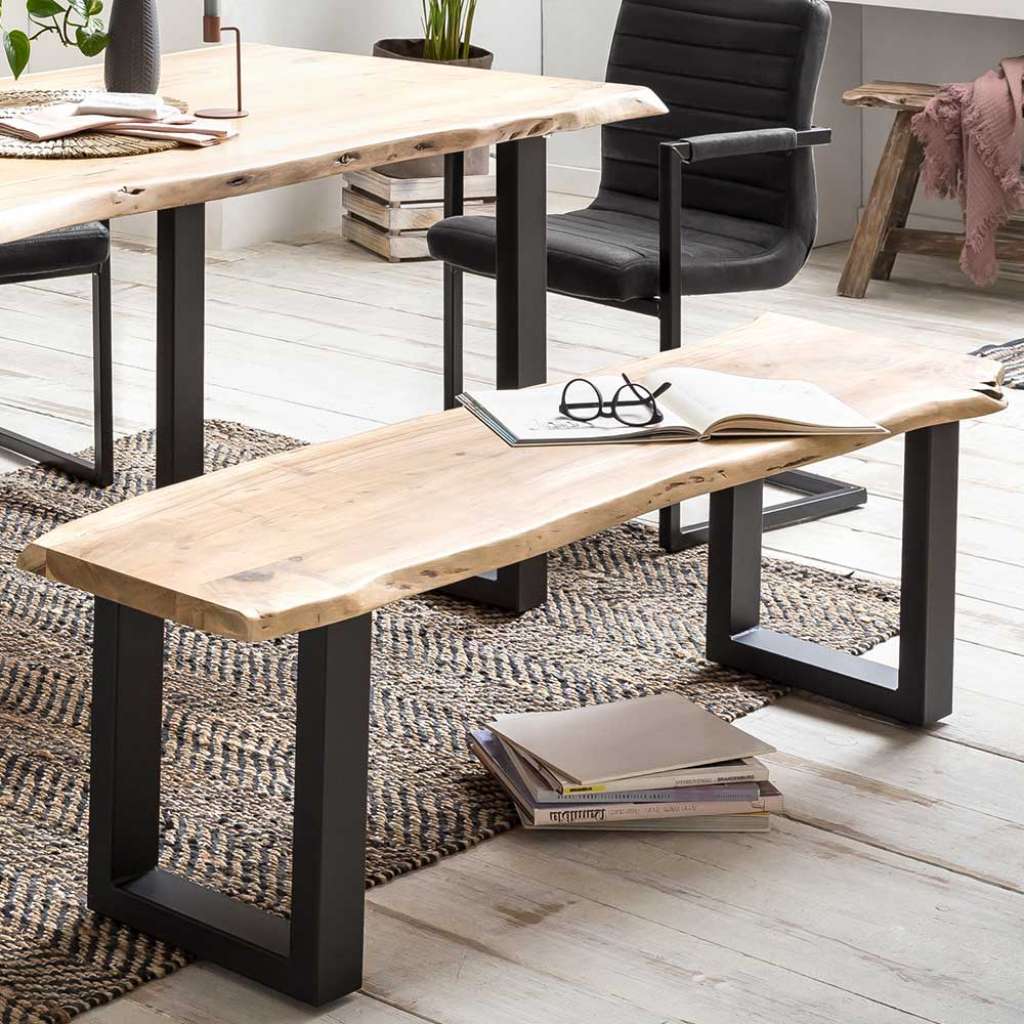 Baumkanten Esszimmer Bank aus Akazie White Wash lackiert Stahl