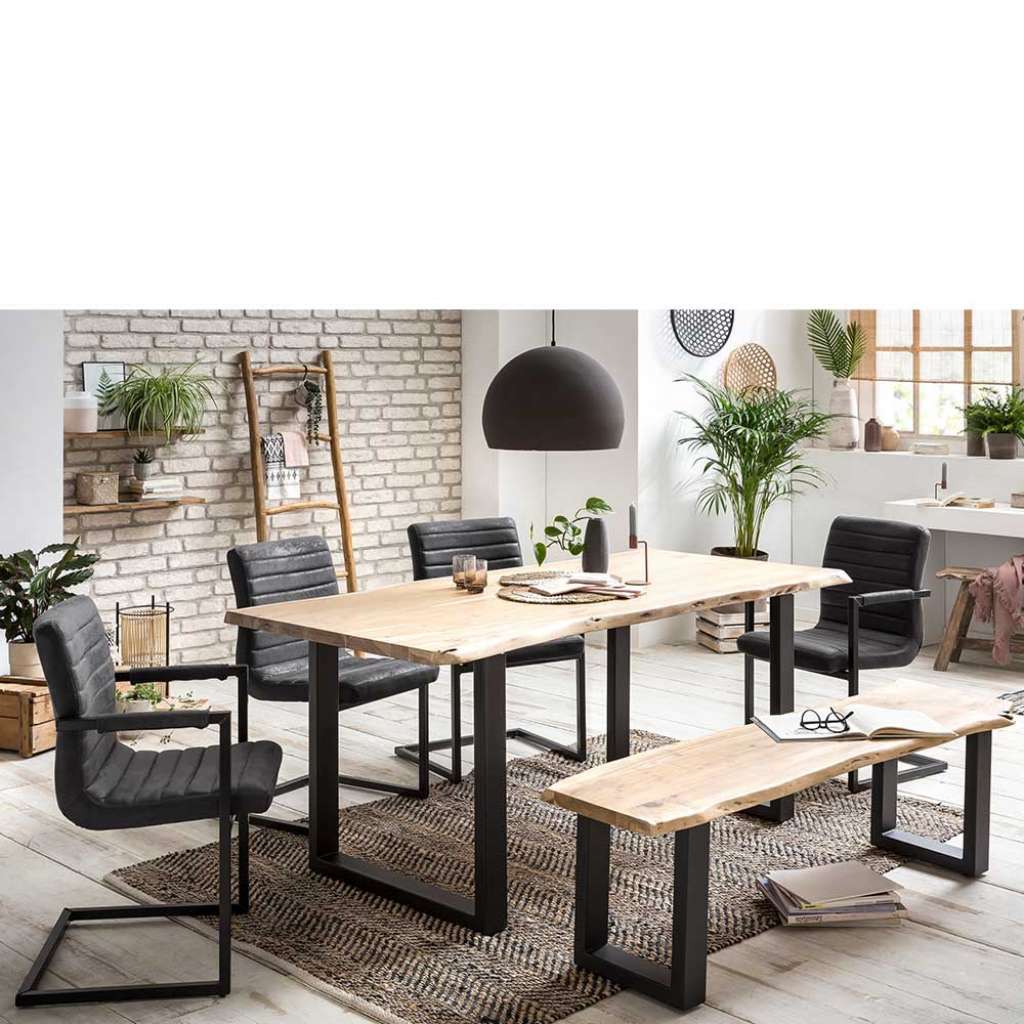 Baumkanten Sitzgruppe aus Akazie White Wash massiv Sitzbank (6-teilig)